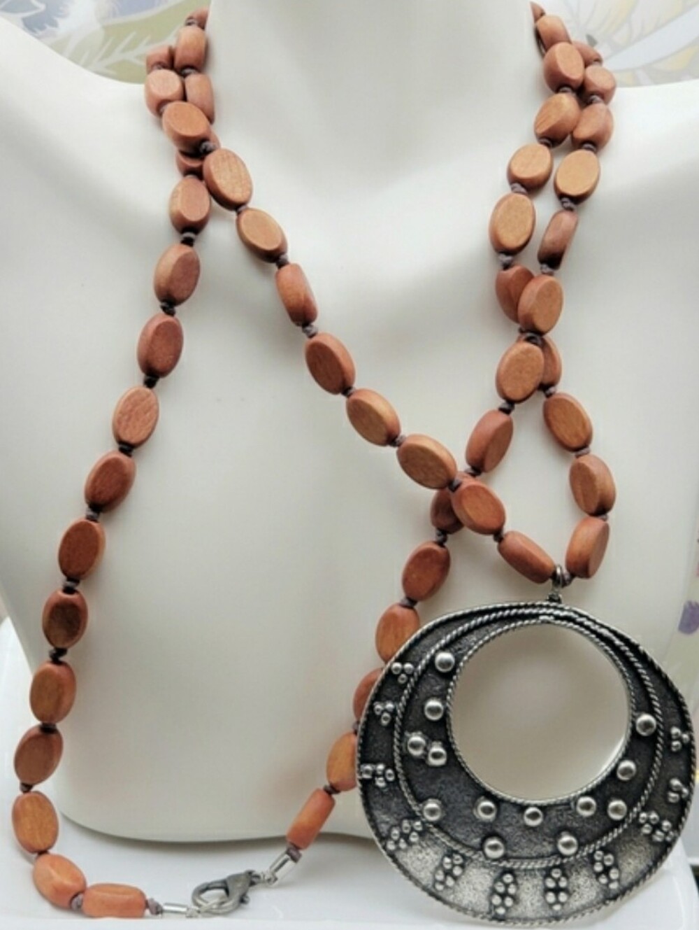 Beautiful Oval Wood Strung Bead Necklace On Large Silver Detail Pendant